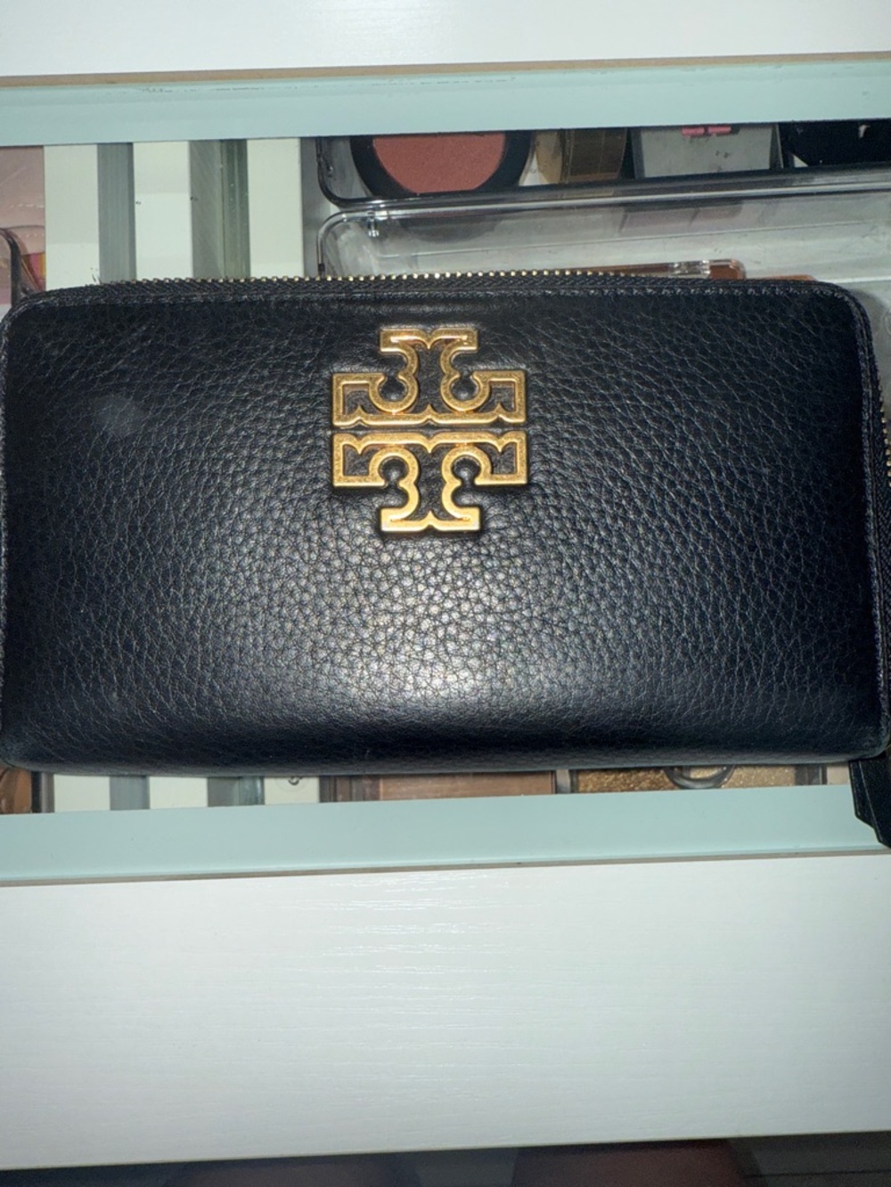 Tory Burch Black Pebbled Leather Zip Around Wallet with Gold Logo